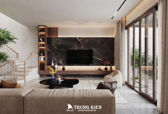 góc nhìn phòng khách ra cửa kính mặt tiền