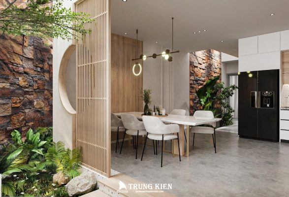 khu vực bàn ăn và vách ngăn nhà phố