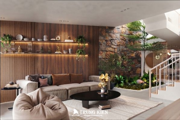 phòng khách kết hợp giếng trời trong nhà