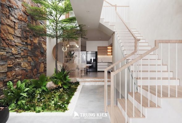 tiểu cảnh cây xanh giếng trời và cầu thang